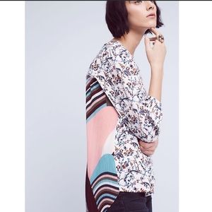 Anthropologie Floral & Striped Mixed-Print Blouse in White, Pink, Blue, Brown